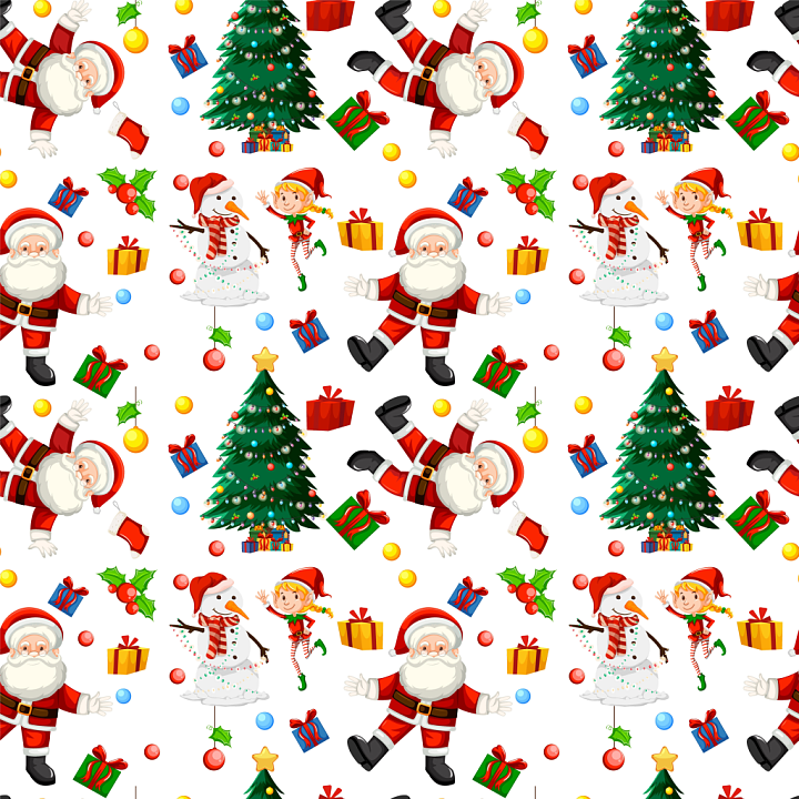 Christmas festive digital paper with Santa, snowman, and Christmas tree seamless PBR texture preview