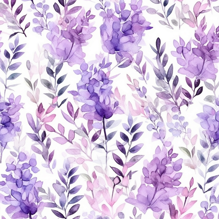 Purple Watercolor Floral Fabric with Soft Leaf Patterns seamless PBR texture preview