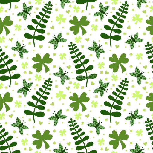 Seamless 3D PBR Texture with St Patrick Shamrocks, Ferns, and Butterflies
