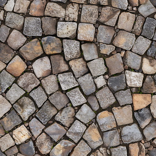 Seamless 3D Weathered Cobblestone Street PBR Texture with Natural Moss and Patina