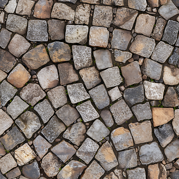 Weathered Cobblestone Street with Natural Moss and Patina seamless PBR texture preview