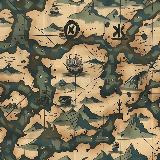 Preview — Seamless 3D PBR camouflage texture with stylized vintage treasure map pattern