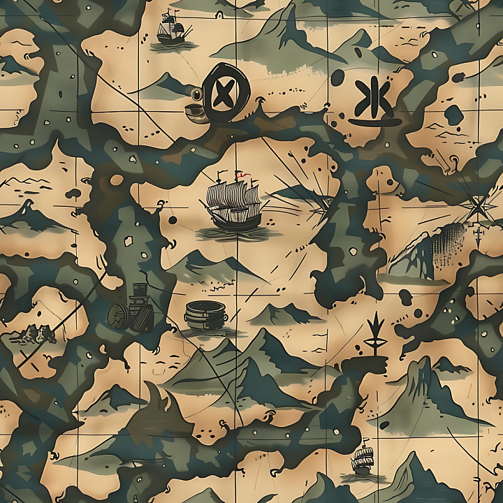 Camouflage With Stylized Vintage Treasure Map Pattern seamless PBR texture preview