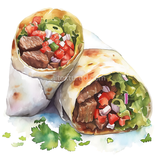 Watercolor Beef Burrito Breakfast Graphic Featuring Fresh Veggies and Wrap
