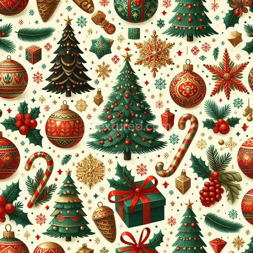 Seamless 3D PBR Christmas digital paper texture with ornaments and festive trees