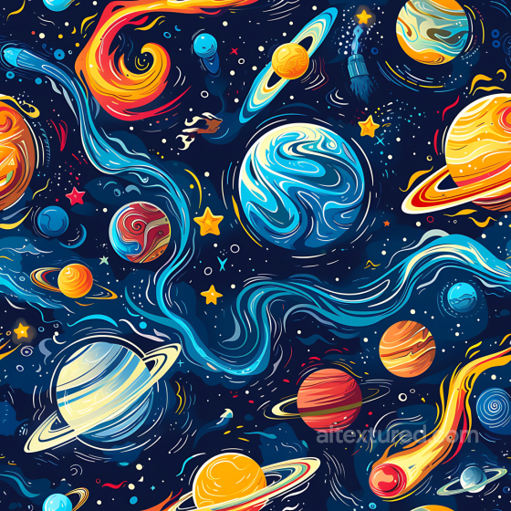 Space PBR Texture Featuring Vibrant Cartoon Planets and Cosmic Swirls Star, space, planets texture preview