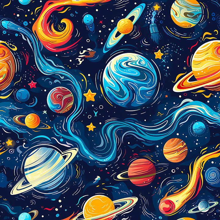 Space Featuring Vibrant Cartoon Planets and Cosmic Swirls seamless PBR texture preview