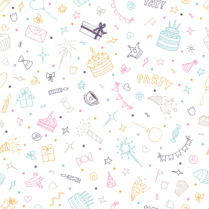 Birthday Pattern Featuring Colorful Celebration Doodles seamless PBR texture preview