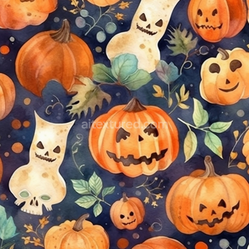 Seamless 3D PBR Watercolor Halloween Texture Featuring Jack-o'-Lanterns and Leaves
