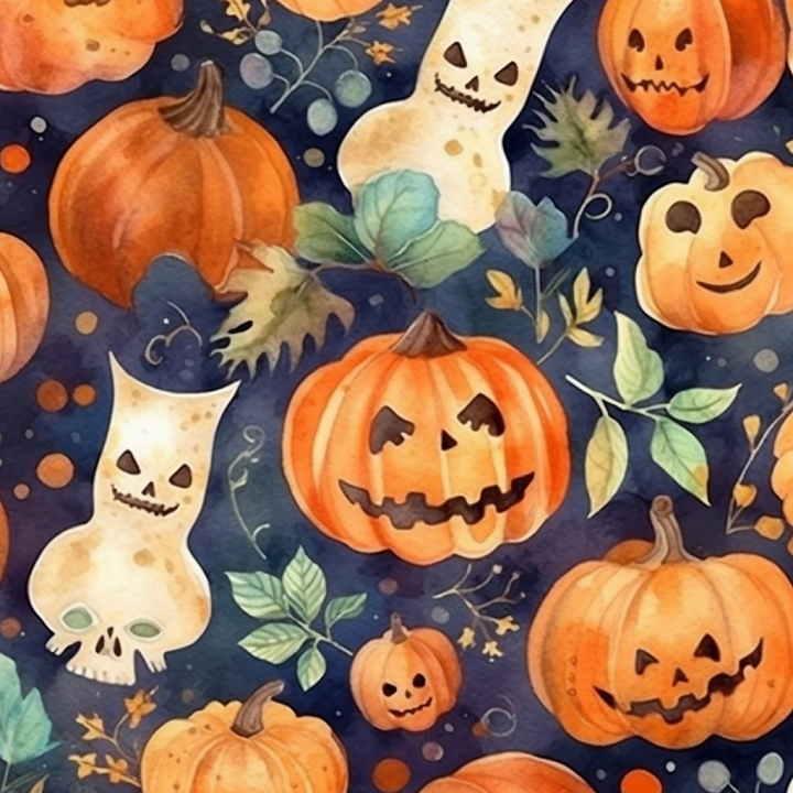 Watercolor Halloween Featuring Jack-o'-Lanterns and Leaves seamless PBR texture preview