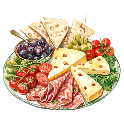 Ploughman's Lunch Breakfast Cheese Platter with Fresh Veggies and Meats Illustration