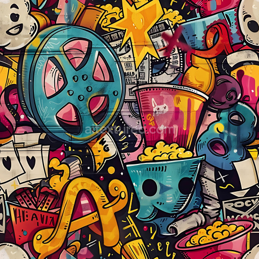 Seamless 3D PBR Texture of Colorful Urban Graffiti with Pop Culture Symbols