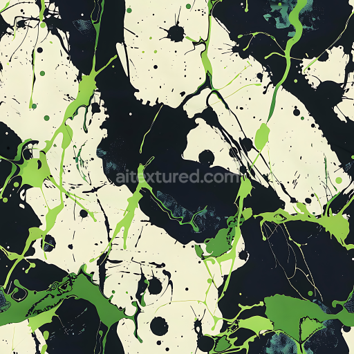 Seamless 3D Urban Splatter Camouflage PBR Texture with High-Contrast Black, Ivory, and Green Splatters