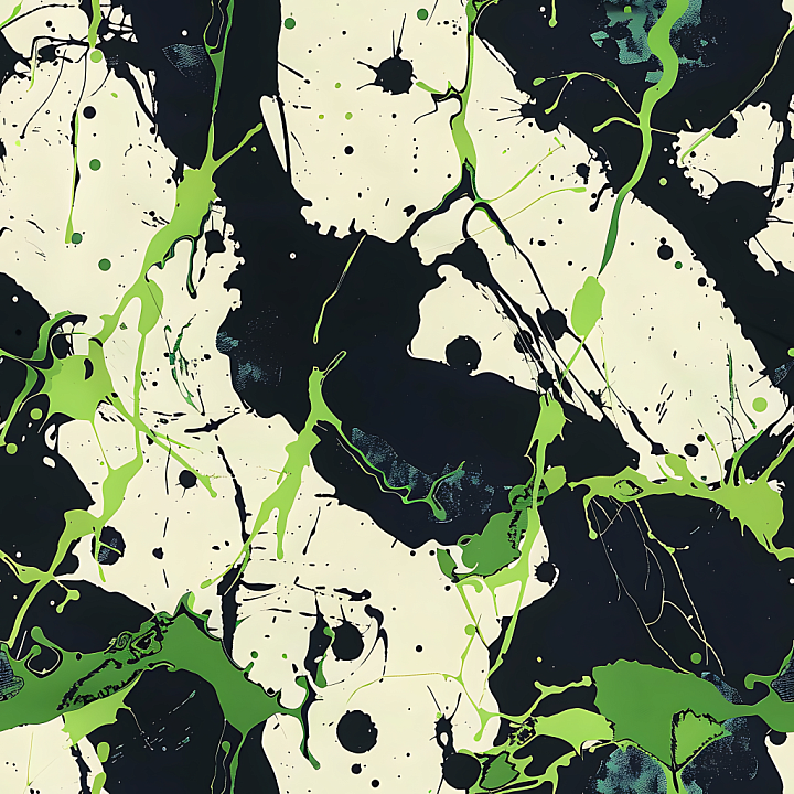 Urban Splatter Camouflage with High-Contrast Black, Ivory, and Green Sp… seamless PBR texture preview