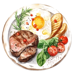 seamless Watercolor Lamb Steak Breakfast Plate with Egg, Grilled Bread, and Fresh Greens texture 8k free download PBR