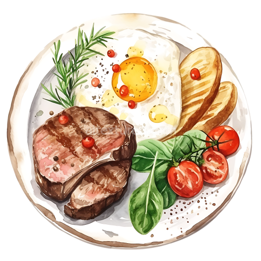 Watercolor Lamb Steak Breakfast Plate with Egg, Grilled Bread, and Fresh Greens