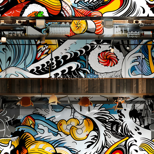 Seamless 3D PBR texture featuring vibrant colorful abstract graffiti pattern