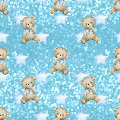 Seamless 3D PBR Baby Boy Fabric Texture with Teddy Bears & Blue Stars