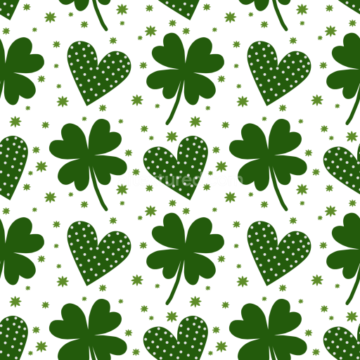 Seamless 3D PBR Texture Featuring Green Shamrocks and Polka Dot Hearts