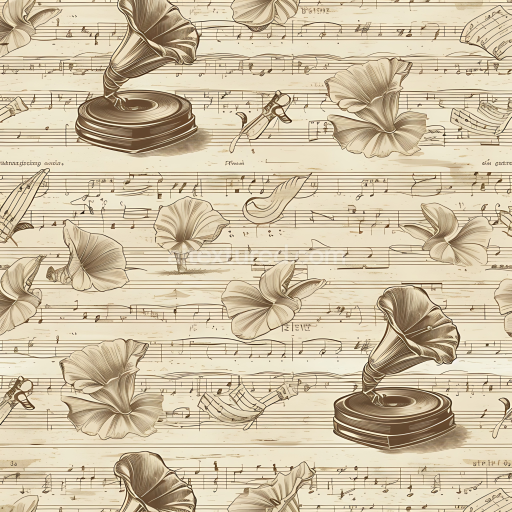 Seamless 3D PBR Texture of Vintage Sheet Music and Gramophone Sketches