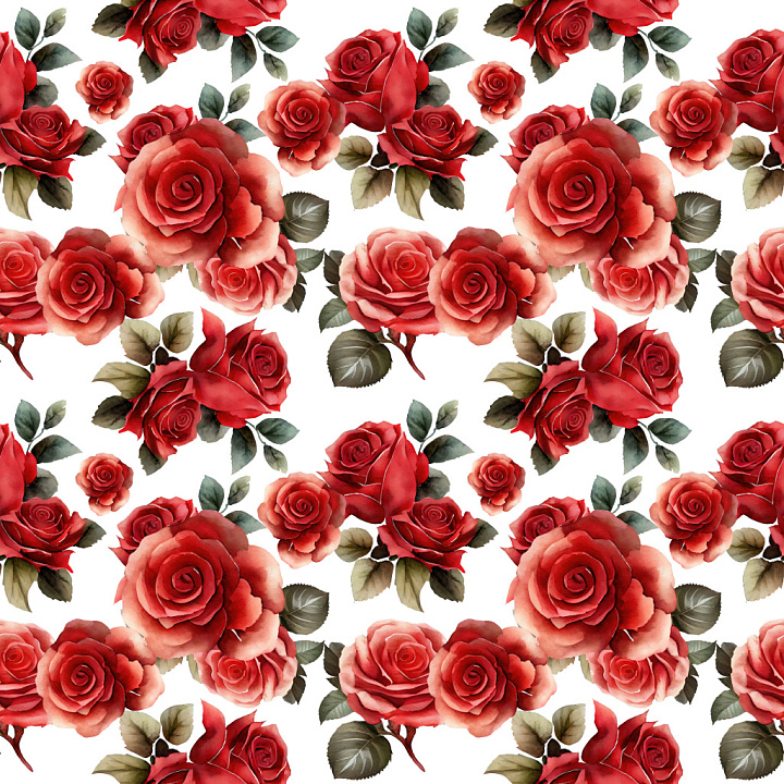 Pattern with Red Rose Clusters and Green Foliage seamless PBR texture preview