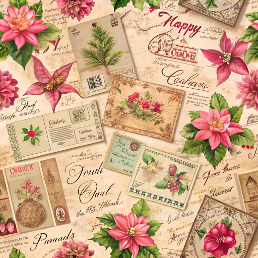 Digital Paper Texture With Vintage Christmas Botanical Cards And Festive Floral Motifs seamless All Christmas Digital paper PBR texture