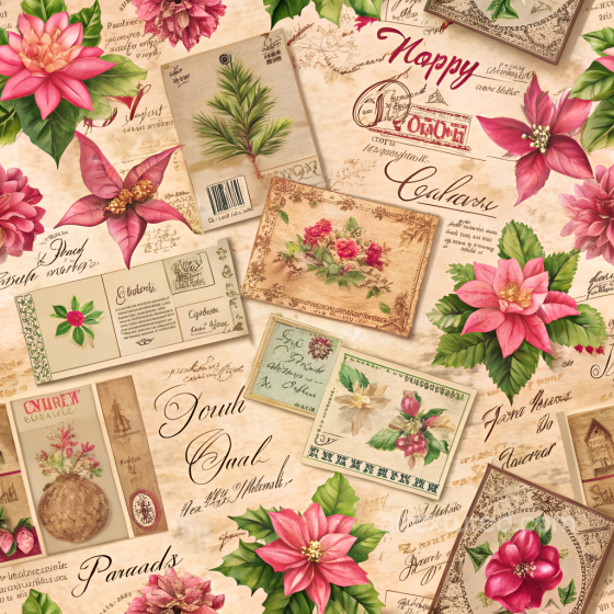 Digital Paper Texture With Vintage Christmas Botanical Cards And Festive Floral Motifs All Christmas Digital paper texture preview