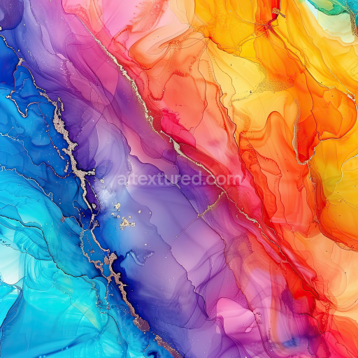 Seamless 3D Alcohol Ink PBR Texture Featuring Vibrant Multicolor Fluid Swirls and Gold Veins
