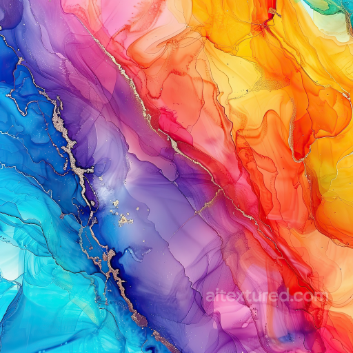 Alcohol Ink PBR Texture Featuring Vibrant Multicolor Fluid Swirls and Gold Veins seamless Alcohol ink PBR texture