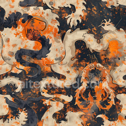 seamless Seamless 3D PBR Stylized Baroque Camouflage Pattern Texture with Orange, Beige & Navy Blue texture 8k free download PBR