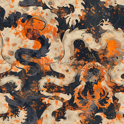 Seamless 3D PBR Stylized Baroque Camouflage Pattern Texture with Orange, Beige & Navy Blue