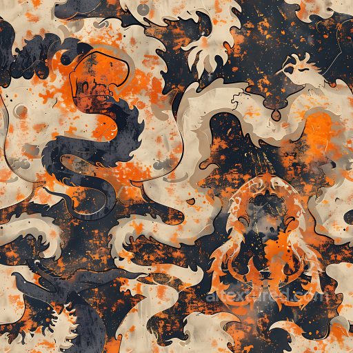 Stylized Baroque Camouflage Pattern Texture with Orange, Beige & Navy Blue seamless Color Camouflage PBR texture