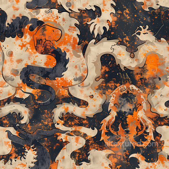 Stylized Baroque Camouflage Pattern Texture with Orange, Beige & Navy Blue Color Camouflage texture preview
