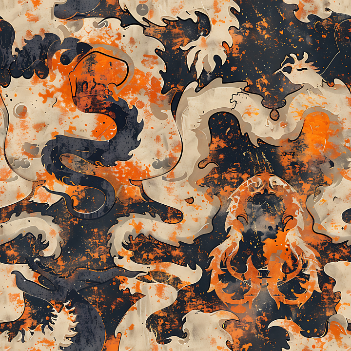 Stylized Baroque Camouflage Pattern with Orange, Beige & Navy Blue seamless PBR texture preview