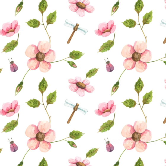 Watercolor Cherry Blossoms Seamless Texture with Dragonflies and Leaves Watercolor Cherry texture preview