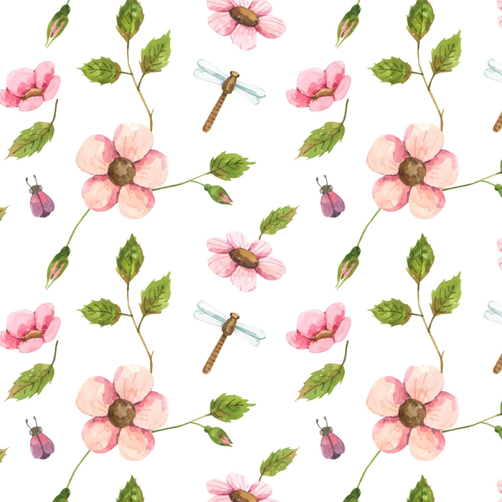 Watercolor Cherry Blossoms with Dragonflies and Leaves seamless PBR texture preview