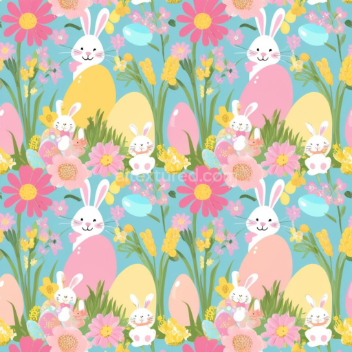 Seamless 3D PBR Texture Featuring Cute Easter Bunnies, Eggs & Spring Flowers