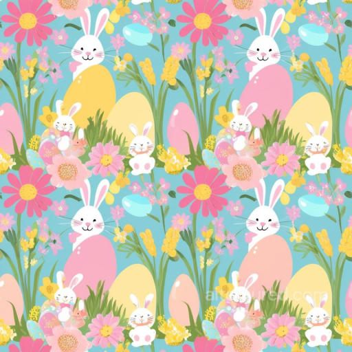 Featuring Cute Easter Bunnies, Eggs & Spring Flowers seamless All Easter Digital paper PBR texture
