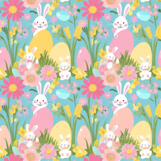 Featuring Cute Easter Bunnies, Eggs & Spring Flowers All Easter Digital paper texture preview
