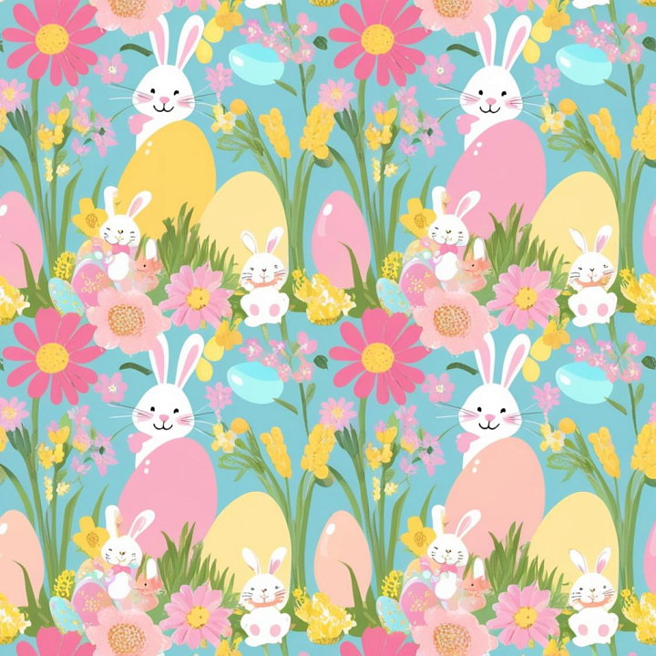 Featuring Cute Easter Bunnies, Eggs & Spring Flowers seamless PBR texture preview