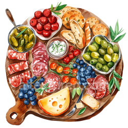 seamless Watercolor Charcuterie Board Breakfast Graphic with Meats, Cheese, and Olives texture 8k free download PBR