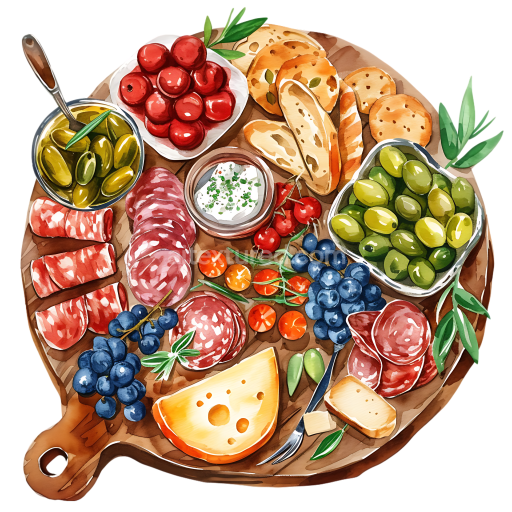 Watercolor Charcuterie Board Breakfast Graphic with Meats, Cheese, and Olives