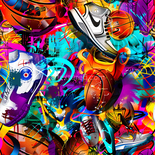 Seamless 3D PBR Texture of Vibrant Basketball Sneakers Graffiti Art