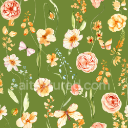 seamless Seamless 3D PBR Watercolor Floral Greenery Texture with Delicate Orange Flowers on Olive Background texture 8k free download PBR