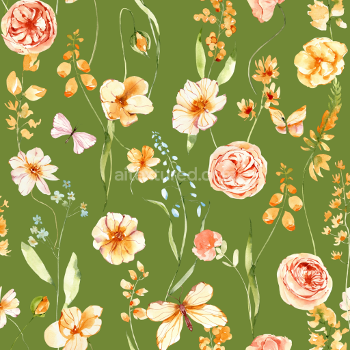 Seamless 3D PBR Watercolor Floral Greenery Texture with Delicate Orange Flowers on Olive Background