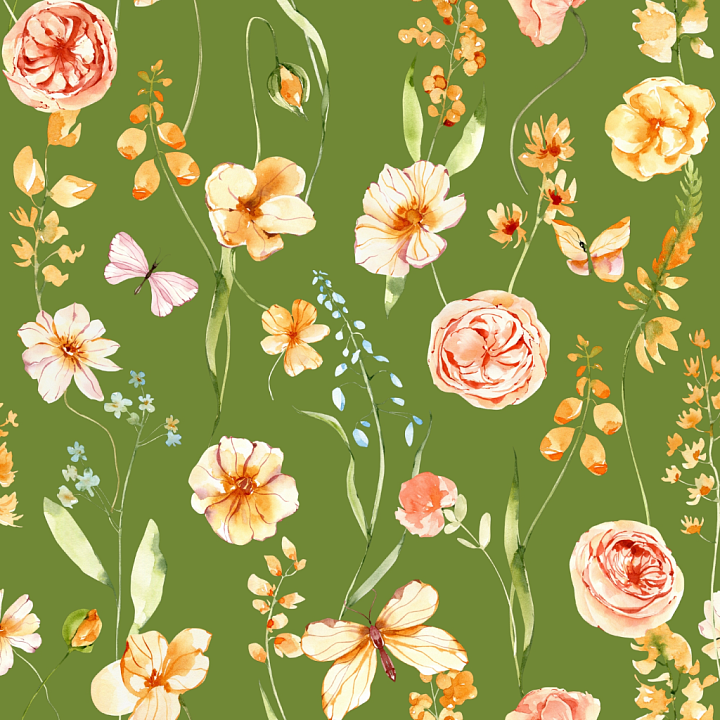 Watercolor Floral Greenery with Delicate Orange Flowers on Olive Backgr… seamless PBR texture preview