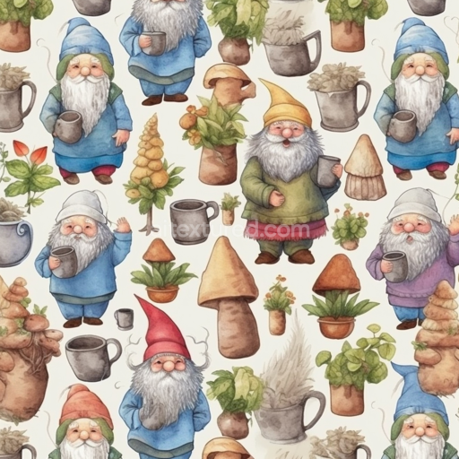 Seamless 3D PBR Texture with Whimsical Garden Gnomes and Potted Plants