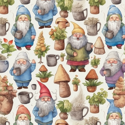 with Whimsical Garden Gnomes and Potted Plants seamless All Easter Digital paper PBR texture