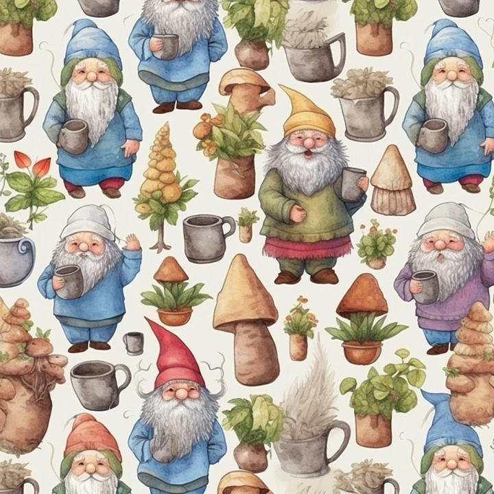 with Whimsical Garden Gnomes and Potted Plants seamless PBR texture preview