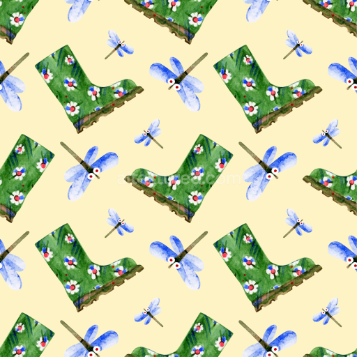 Seamless 3D PBR Texture of Cartoon Green Rain Boots and Blue Dragonflies